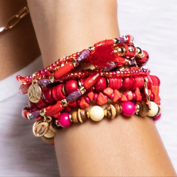 Red Boho Chic Multi Layered Stretch Bracelet w Golden Seashell & Coin Charms - Picture 1 of 6